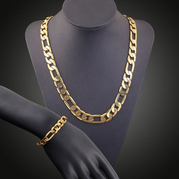 Luxury 24K 9999 Pure Gold real gold Figaro necklace men's necklace bracelet set width 6MM 8MM 10MM length 60cm