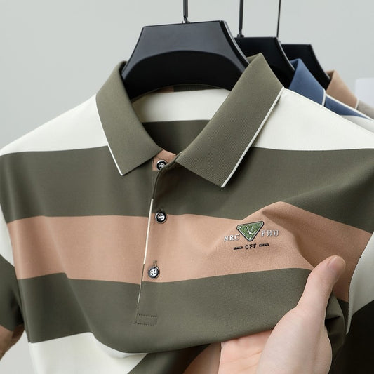 100% pure cotton fashion short sleeve polo shirt men's luxury brand embossed wide stripe color blocked summer casual lapel top