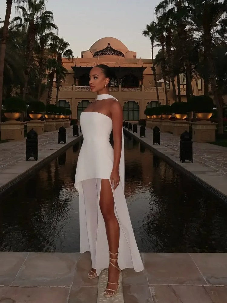 Fashion Strapless Ribbon Mesh Patchwork Maxi Dress Elegant Sleeveless Backless V