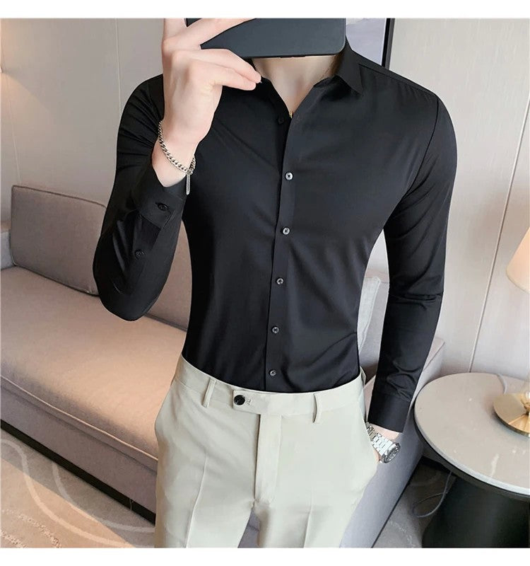 Men's Long Sleeved Elastic Shirt No Ironing Business Wear Professional Workwear Stand Up Collar Shirt Casual Solid Color Shirt