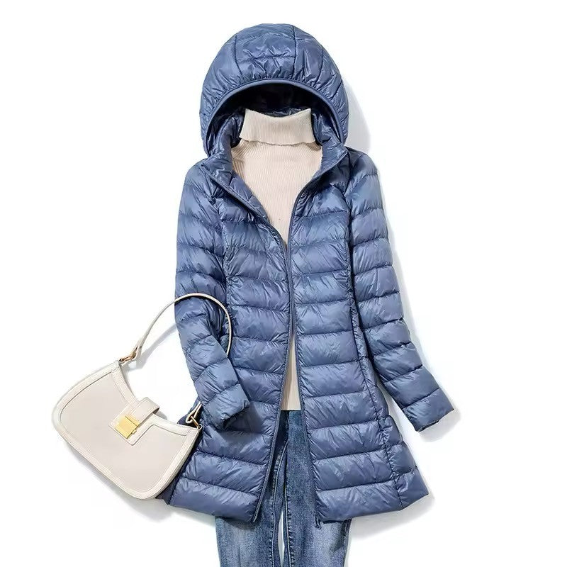 Women's X-long Office Lady Hat Detachable Puffer Jackets 2025 New Arrival Autumn Winter White Duck Down Warm Coat