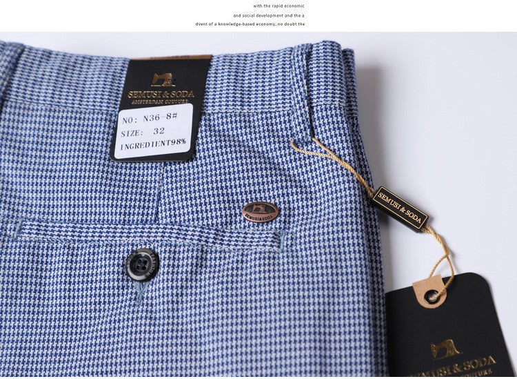 Summer Plaid Pants Men Slim Blue Suit Pants Men Stretch Business Formal Trousers Men