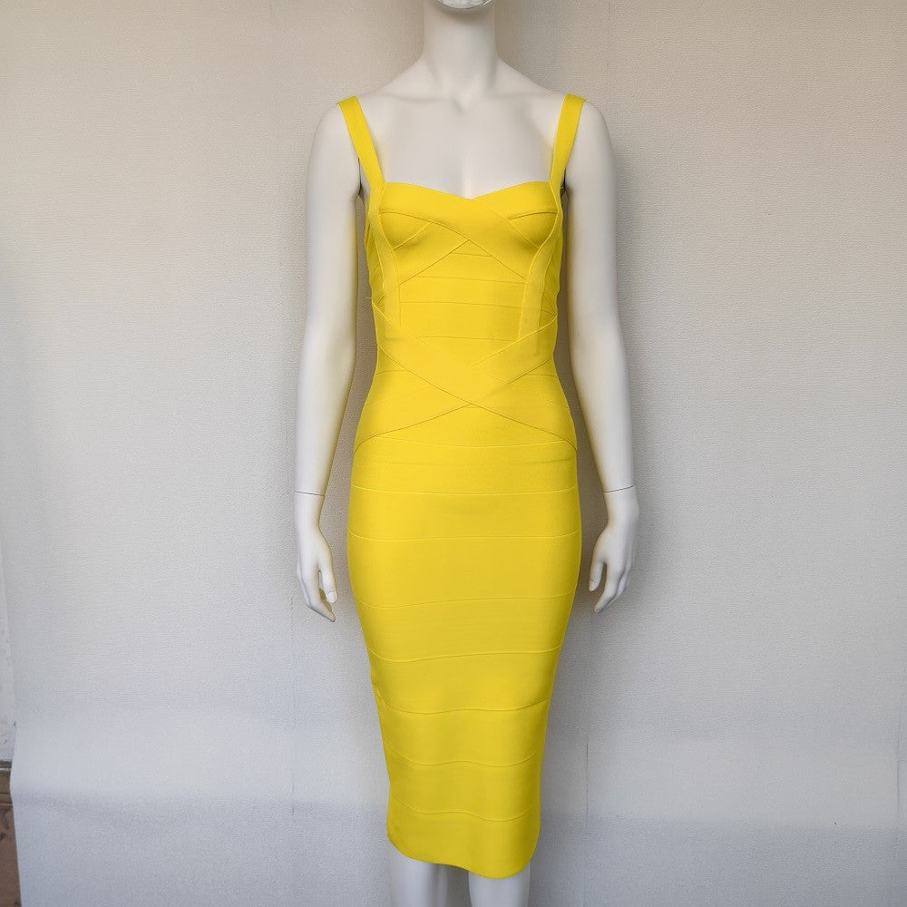 BEAUKEY Sexy Vintage Quality Evening Yellow Bandage Dress 2023 Women Summer Blue