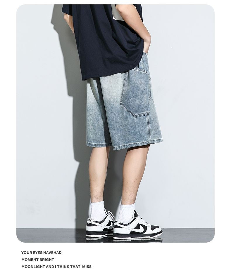 Summer New Baggy Denim Shorts Fashion Casual Straight Harajuku Jeans Male Vintage Wash Drawstring Short Pants Streetwear
