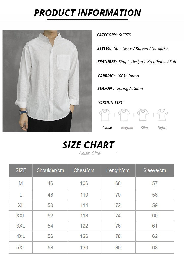 Simple Design Solid Colors Long Sleeve Shirts Korean Fashion Mandarin Collar 100% Cotton White Black Shirt Soft and Comfort
