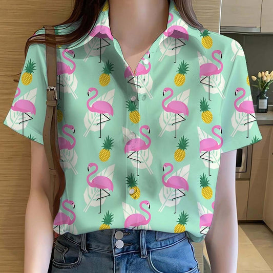 Womens Shirts Cartoon Animal flamingo 3D Printed Casual Hawaiian Short Sleeve Button Beach Shirt Summer y2k Women's Clothes