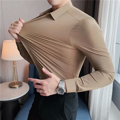 Men's Long Sleeved Elastic Shirt No Ironing Business Wear Professional Workwear Stand Up Collar Shirt Casual Solid Color Shirt