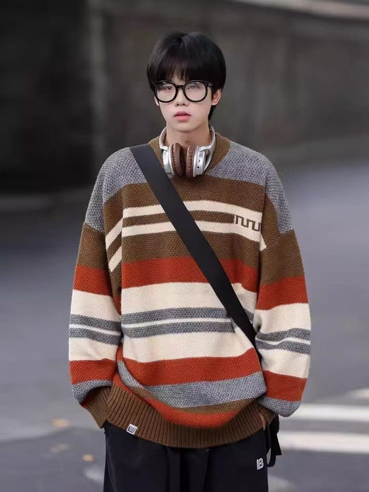 Simple Versatile Trendy Men's Crew Neck Sweater Contrasting Stripes Casual Loose Neutral Style Pullover