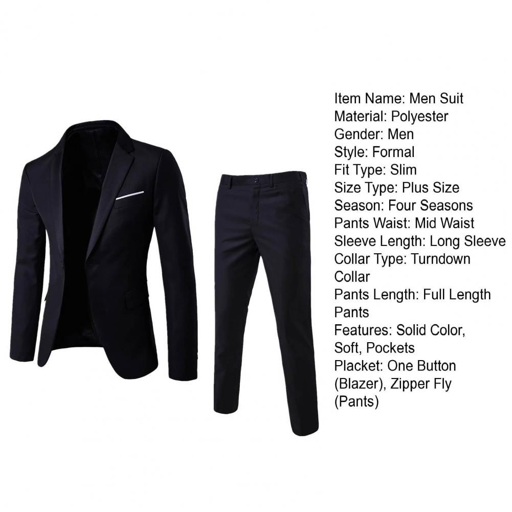 1 Set Trendy Men Suit Anti Deformation Formal Suit Turndown Collar Pure Color One Button Suit Set Daily Wear