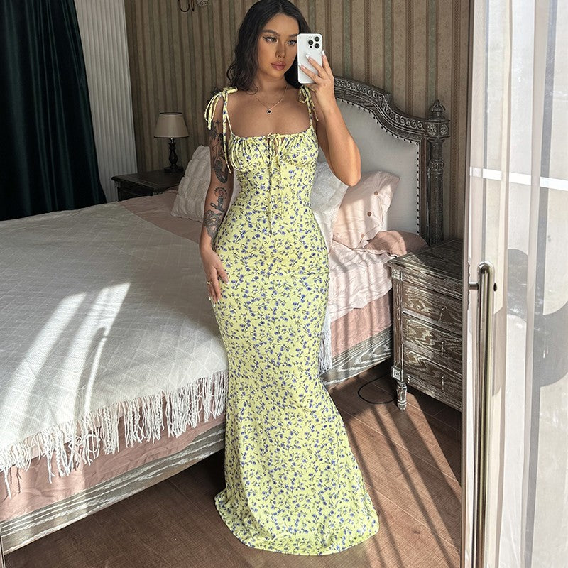 Hugcitar Floral Print Sleeveless Backless Slips Lace Up Maxi Dress Sexy Bodycon