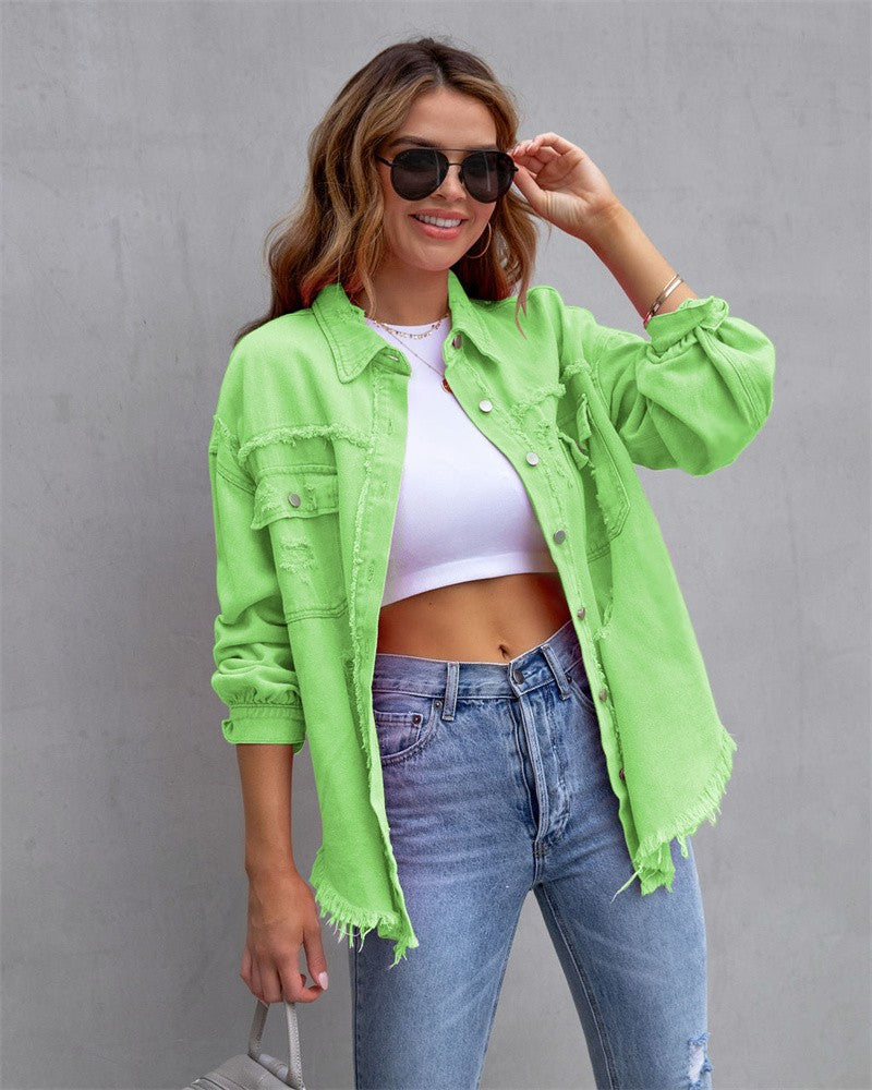 2025 Holes Raw-edges Denim Jacket Women Spring Autumn Shirt Style Jeancoat Casual Top Rose-Red Orange Purple Outerwear Lady Coat