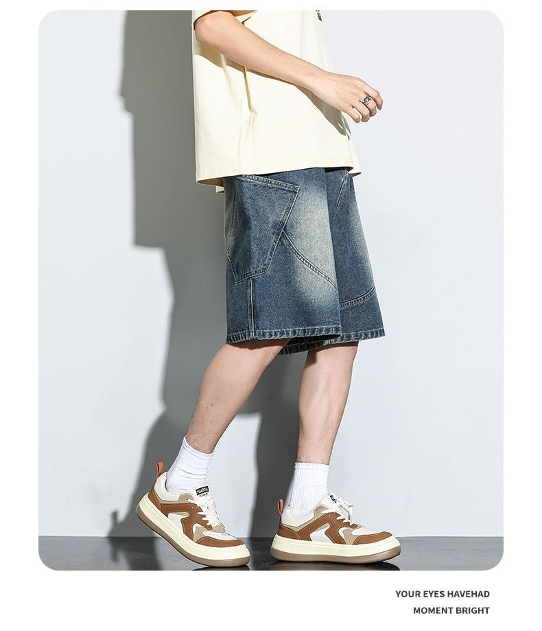 Summer New Baggy Denim Shorts Fashion Casual Straight Harajuku Jeans Male Vintage Wash Drawstring Short Pants Streetwear