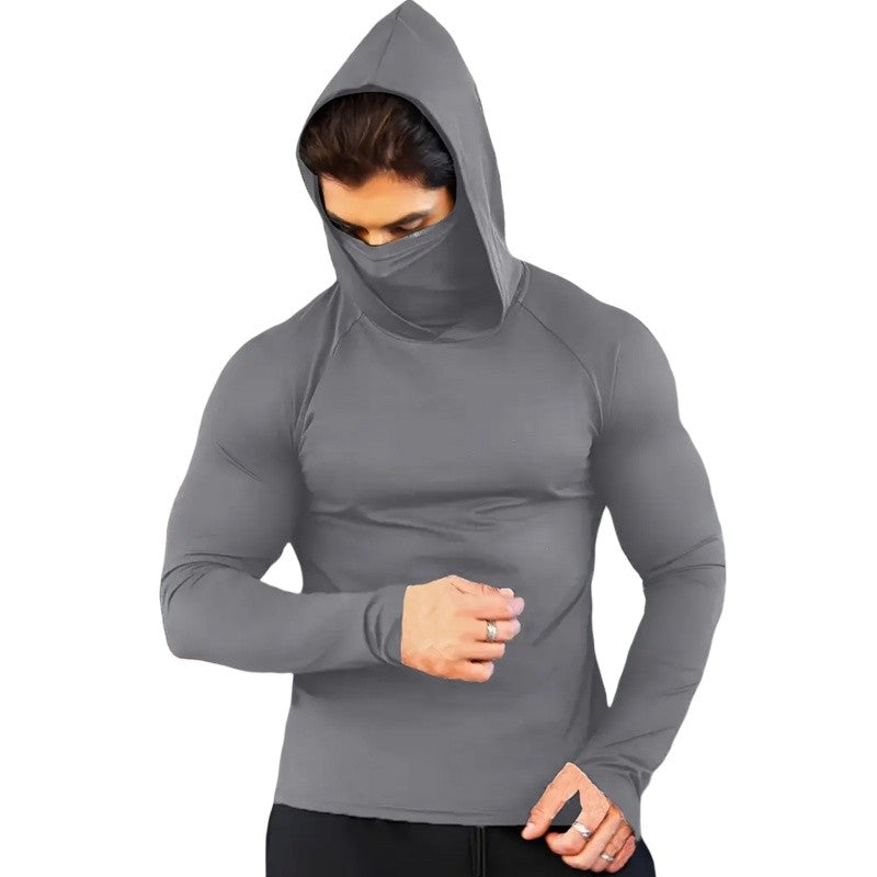 Men Compression t Shirt Soild Casual t-Shirt Long Sleeve Fitness Tops Running Gym t-Shirts Hooded Shirts With Mask Male Clothes
