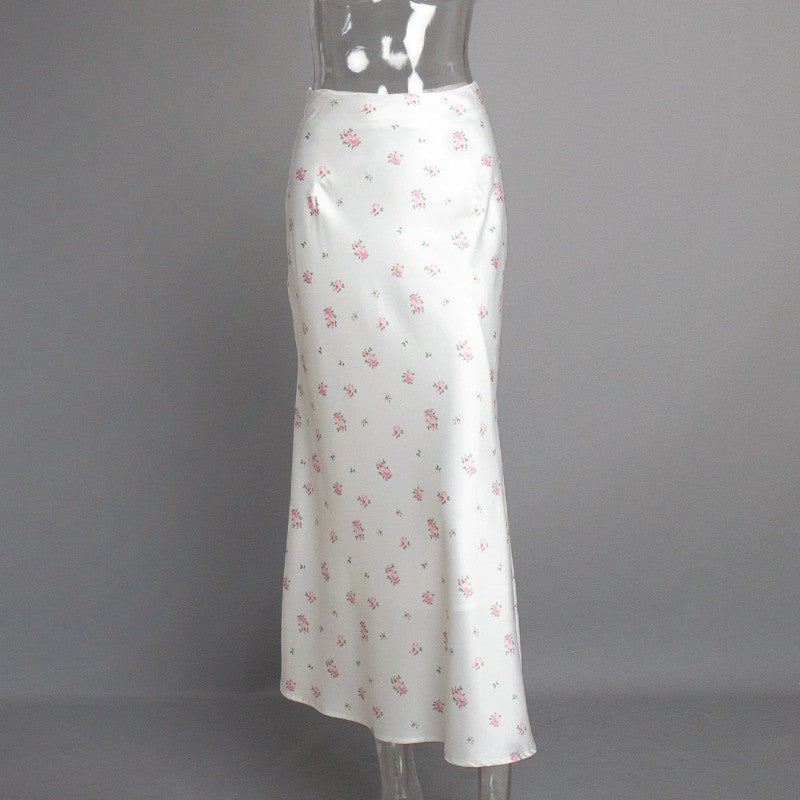 Summer Printed Fashion Long Skirt for Women High Waist Contrast Patchwork Slim E