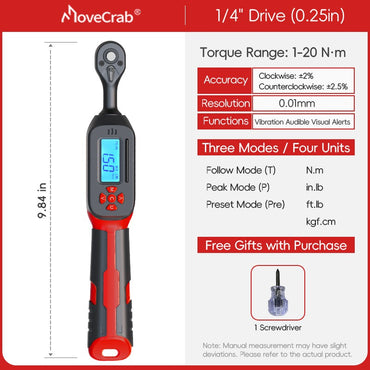MoveCrab 0.6-340Nm Digital Torque Wrench ±2% High Accuracy Dual-Direction Ratchet Buzzer and LED Alarm for Precision Measureme