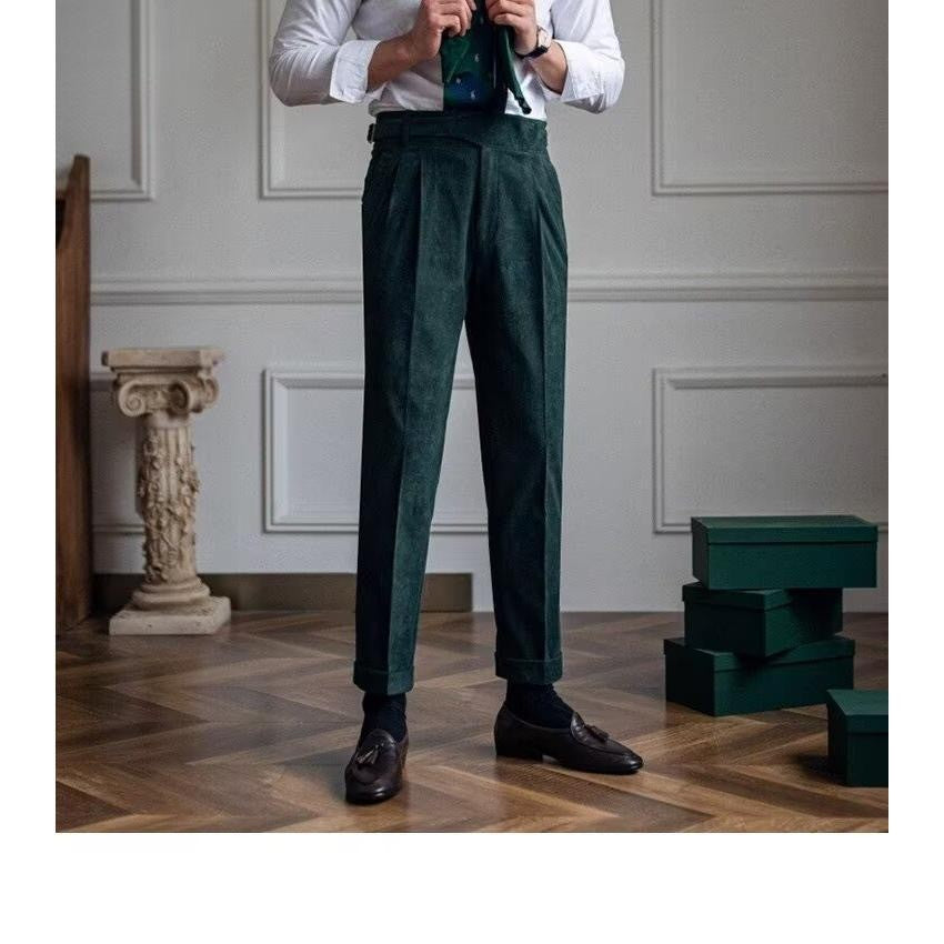 Italian Style Corduroy Naples Suit Pants Men High-waisted Adjustable Belt Straight Trousers Autumn England Business Casual Pant