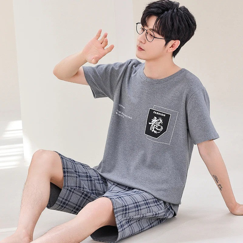 Cotton Summer Thin Men's Pajamas Set Plus Size Short Sleep Tops Pant Sleepwear Suit Male Home Suit Homewear Casual Pyjamas