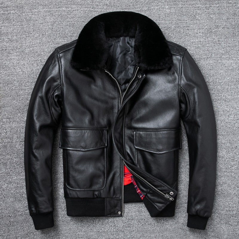 Air Force Flight Jacket Fur Collar Genuine Top Layer Cow Leather Jacket Men Black Brown Cow Coat Men's Winter Jacket ?? ??