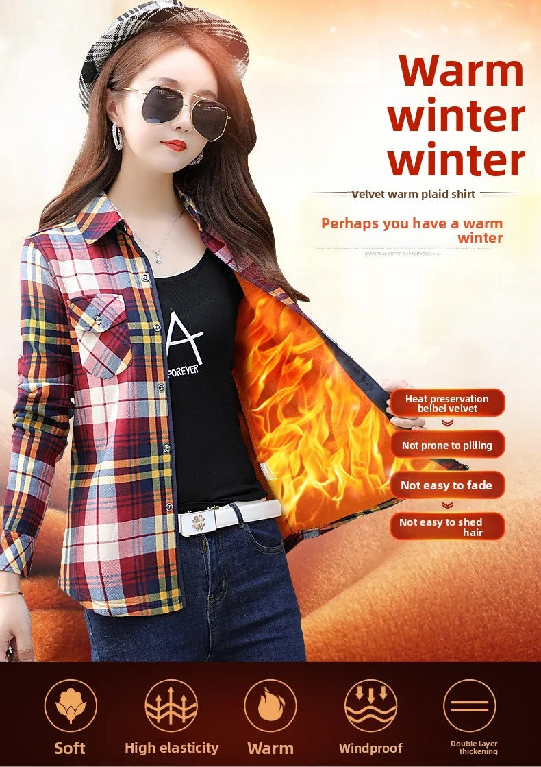 Thickened Fleece Women's Casual Shirt Korean Style All-Match Slim Fit Warm Plaid Elastic Large Size Button down Coat