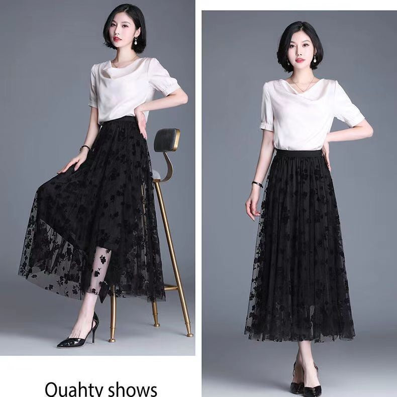 Korean Women Tulle Skirt Fashion Summer Hook Floral Loose Midi Skirt Elegant Fem