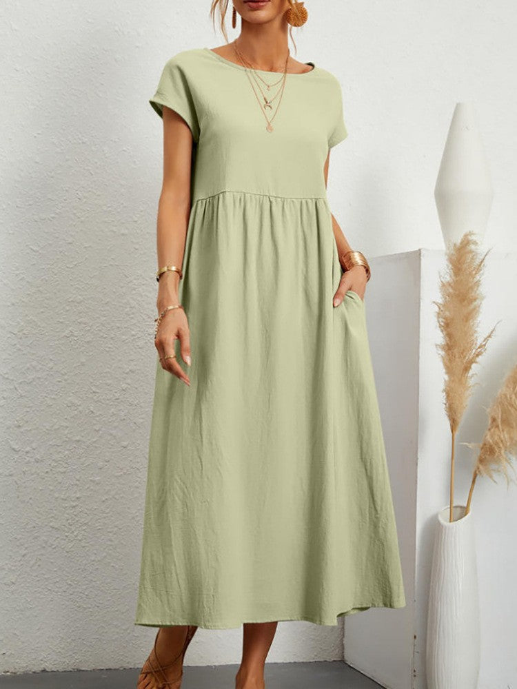 Women Vintage Solid Dress 2023 Summer Elegant O Neck Short Sleeve Cotton Linen D