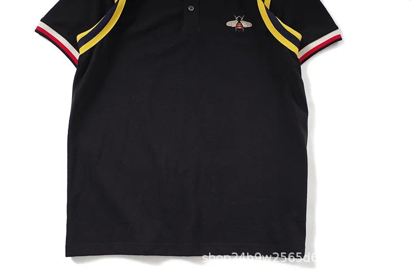 Trendy Gg European American Style Embroidered Small Bee Black Short Sleeve Stand Collar T-shirt Loose Fit Polo Shirt