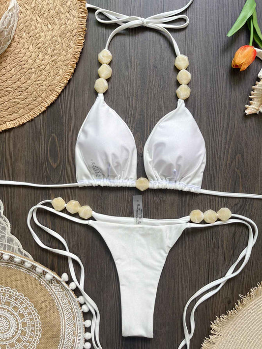 2025 Sexy Bead Bikini Swimwear Women Halter Bikini Swimsuit Beach Halter V Neck Bikini Set Beachwear Summer Bathing Suit