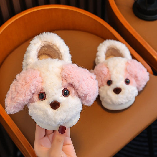 Kids Cotton Slippers Winter Boys Girls Non Slip Indoor Cute Dog Design Warm House Shoes for Children