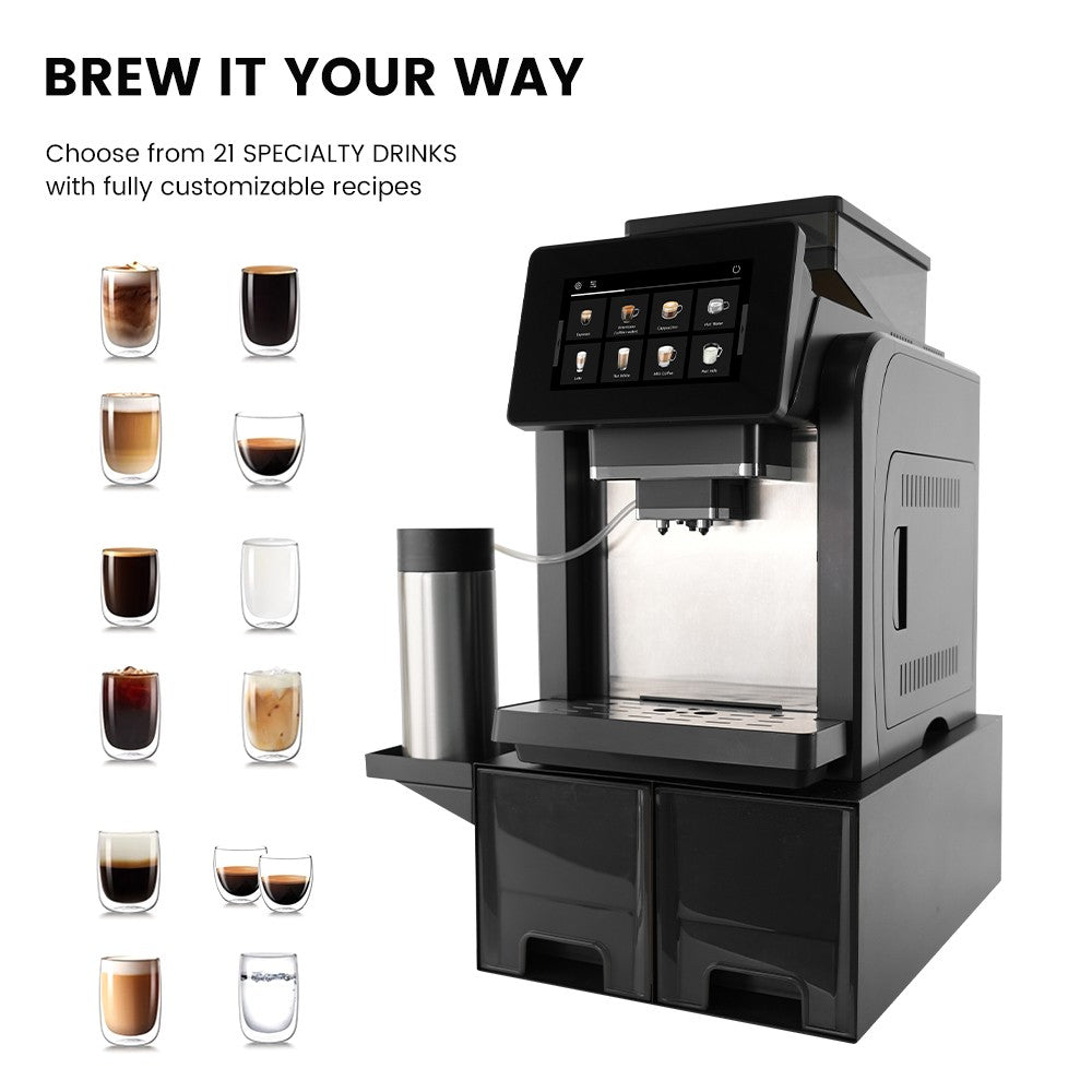Mcilpoog WS817-Plus Máquina de café expresso automática com tela grande colorida de 7", com bico vaporizador, 21 sabores para casa e escritório