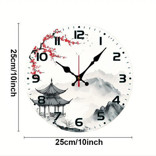 Chinese Landscape Wooden Round Silent Hanging Wall Clock, Suitable For Living Room, Office, Study Room, Bedroom, Home Decoration