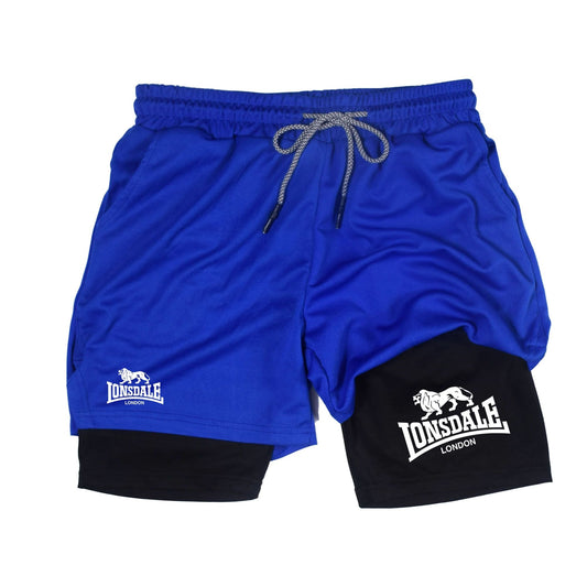 2 in 1 Running Shorts Men Workout Lonsdale Compression Shorts with Phone Pocket Towel Loop Summer Sport Athletic Activewear