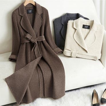 Grey Double-sided Cashmere Coat For women Slim For Autumn Winter New Winter High-end Temperament Thick Woolen Coats With belt