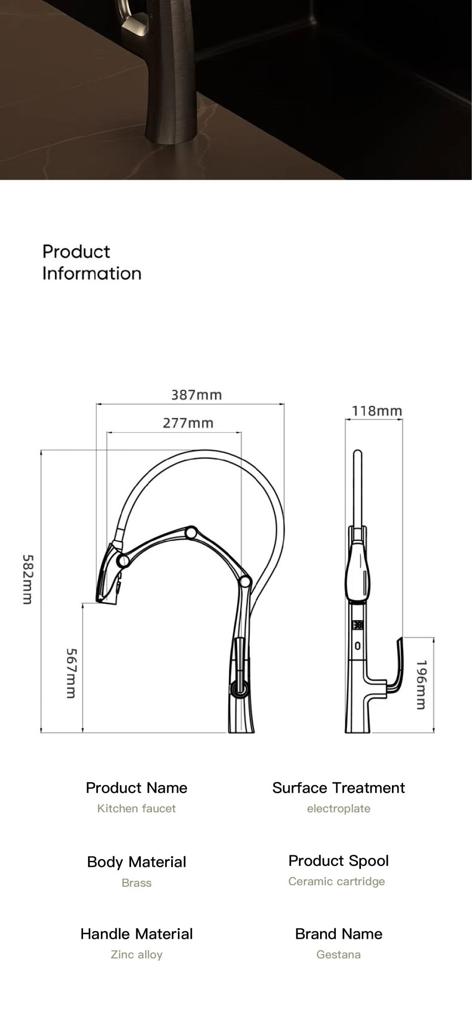 Luxury Gunmetal Brass Kitchen Faucet with LED Display,Sensor&Pull-Out 3-Function Spray,Touchless High Pressure Water-Saving Tap