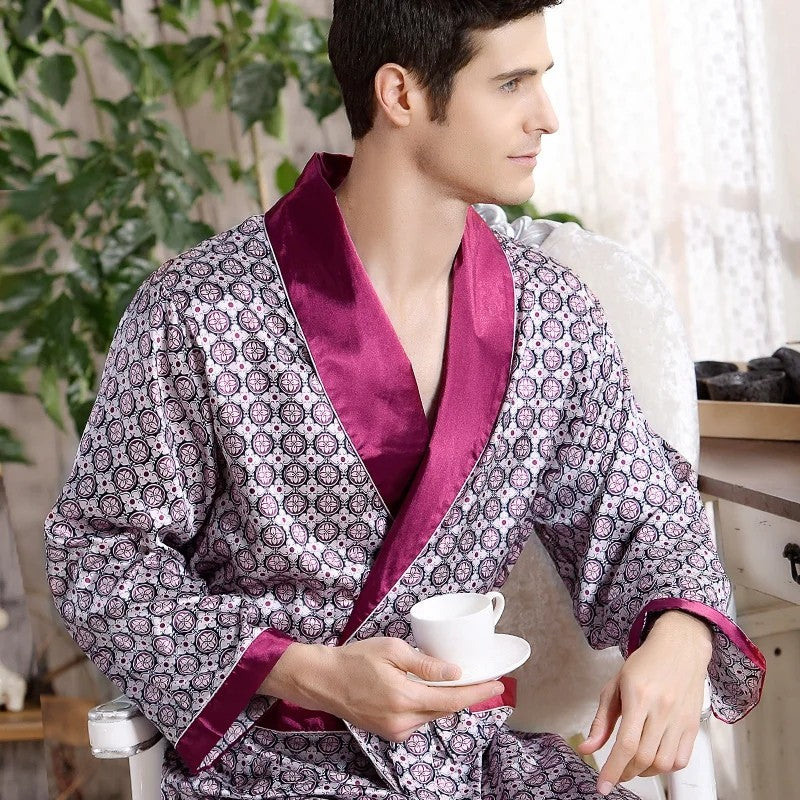 Men Bath Robe Satin Print Gold Kimono Bathrobe Silk Long Dressing Gown Plus Size Sleepwear Geometric Lounge Nightgown XL 4XL 5XL
