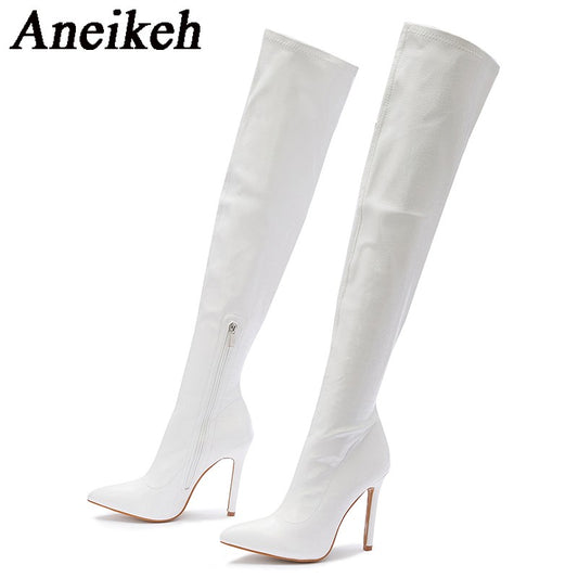 Aneikeh White Sexy Over-the-Knee Side Zipper Slip-On Pointed Toe Shoes NEW Fashion Striped Thin Heels Ladies Boots 2025 Spring