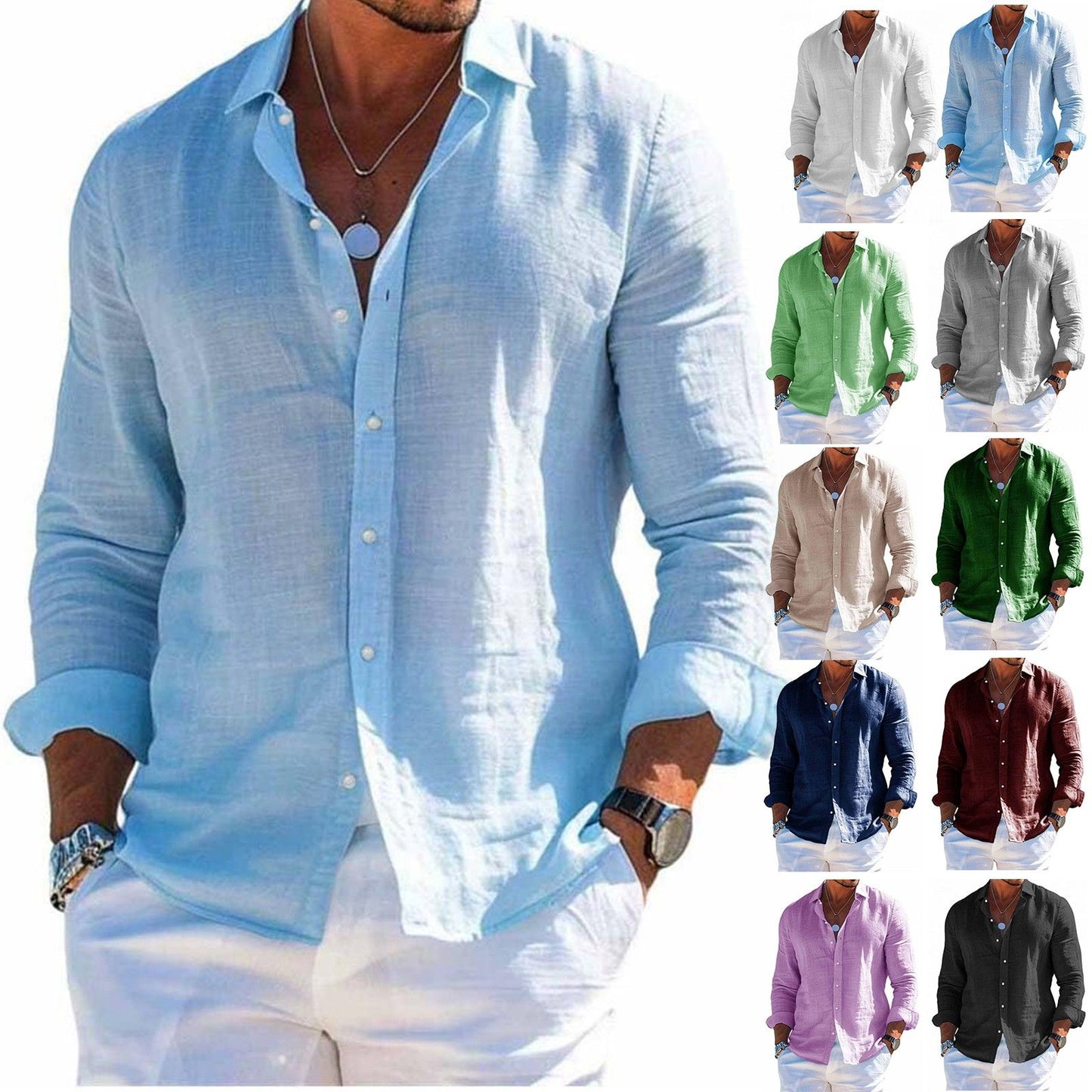 Men's tops long sleeve new style shirt cotton linen cool solid color loose lapel casual beach style cardigan spring and summer