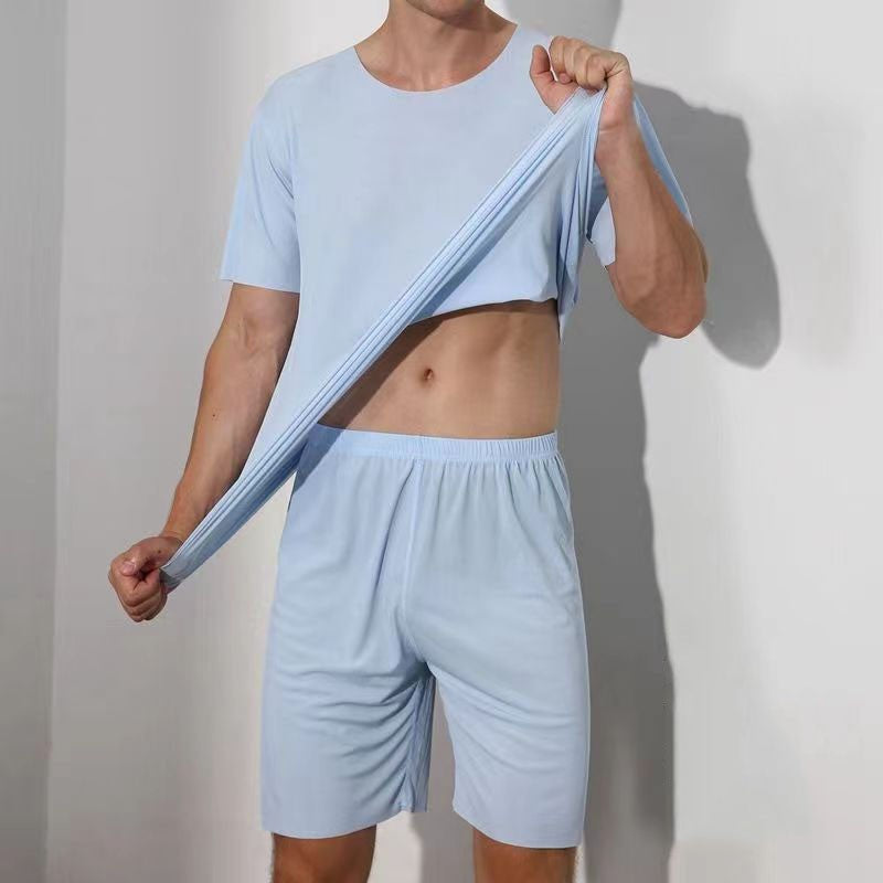 Large Size Men Pajamas Set Ice Silk Sense Round Neck Solid Colour Short Sleeve T-Shirt Student Short Sleeve Shorts Two-Piece Set