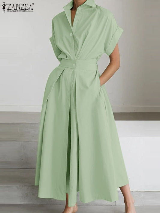 ZANZEA Women Fashion Summer Shirt Dress 2025 Elegant High Waist Short Sleeve Mid