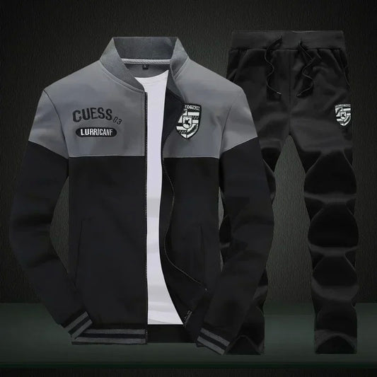 Winter Men's Sports Suit with Fleece and Warm Standing Collar Jacket+men's Drawstring Sports Pants Fashionable Printed Men's Set