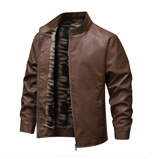 2025 New Men's autumn thin velvet leather jacket, warm and retro men's motorcycle jacket, outdoor casual PU leather jacket