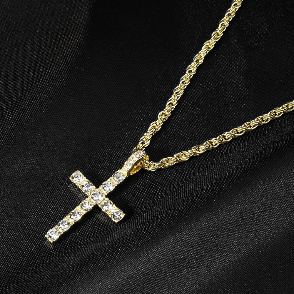 Colar com Pingente de Cruz Iced Out Hip Hop Alça Corrente de Tênis de Zircônia de 4mm Masculino Feminino Colar Brilhante Joia Punk Presente de Moda