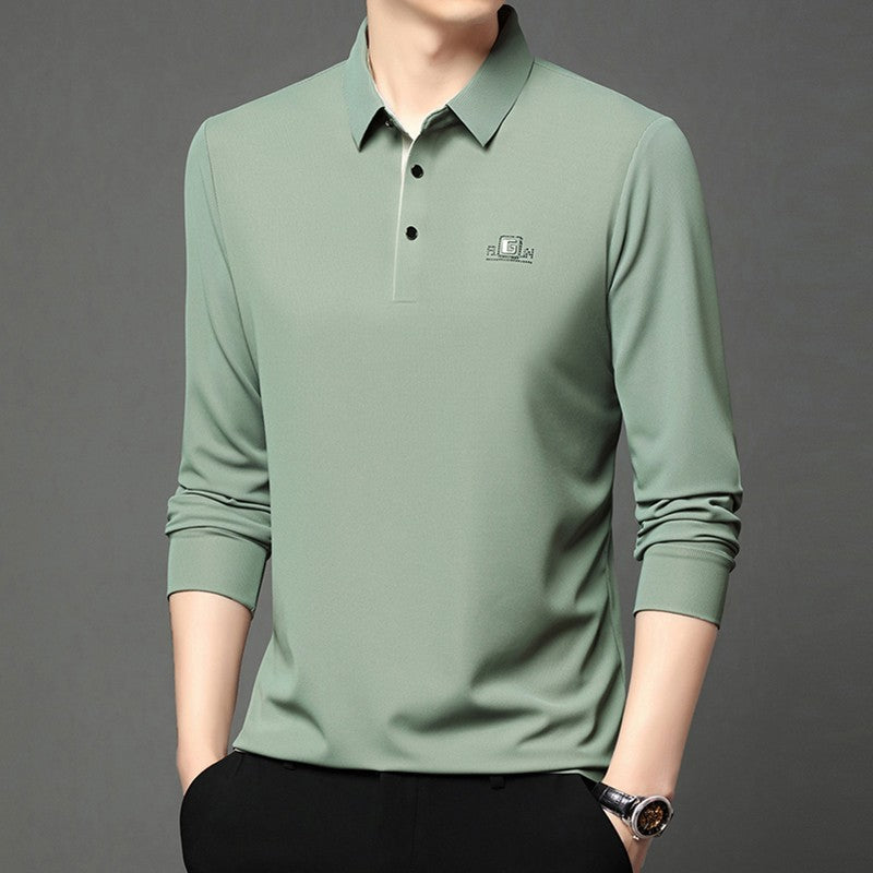 New Men's Business Casual Long Sleeved Shirt with Badge Solid Color Polo Shirt Fashionable Breathable Comfortable Versatile Top
