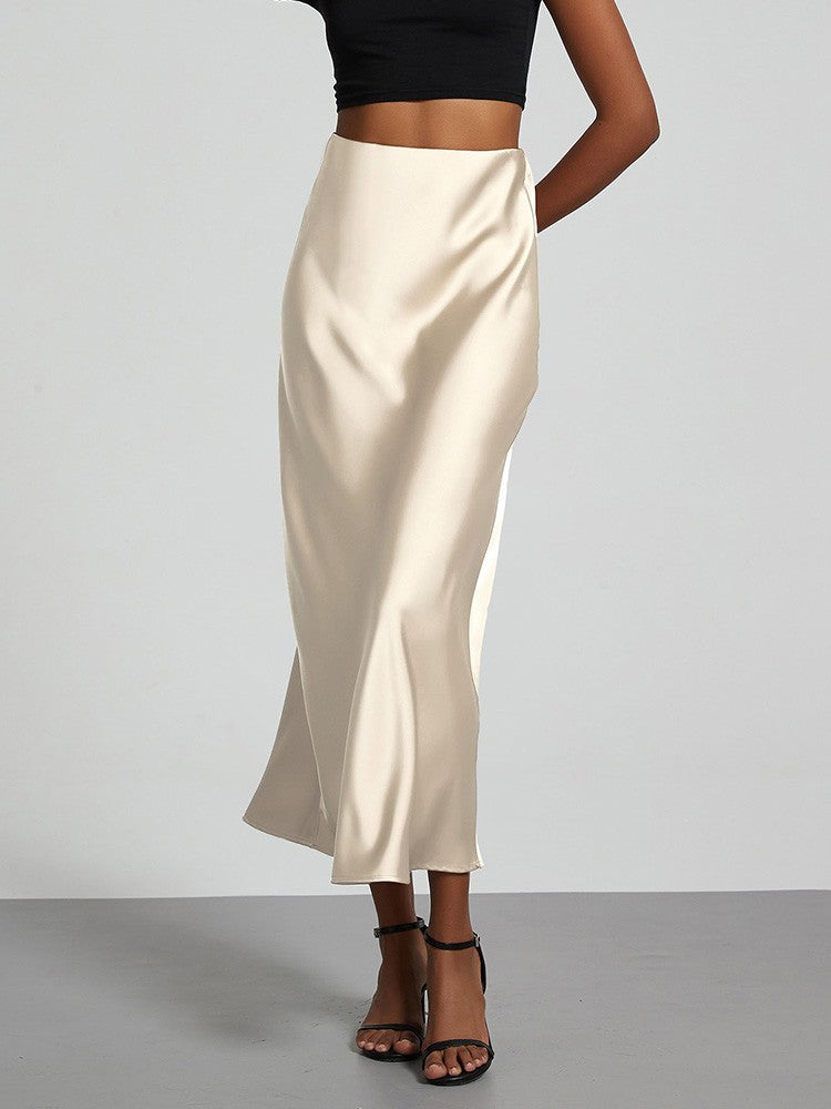 Fashion Satin Party Long Skirt High Waist Solid Color Casual Basic Women Skirts