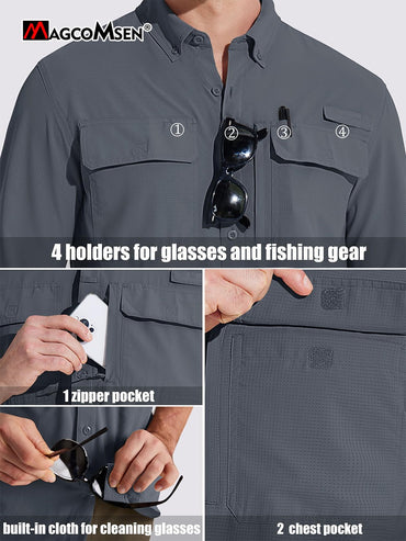 MAGCOMSEN Sun Protection Shirt Quick Dry Long Sleeve Mesh Breathable Shirt Multi Pockets Fishing Shirts Hiking Work Cargo Shirts