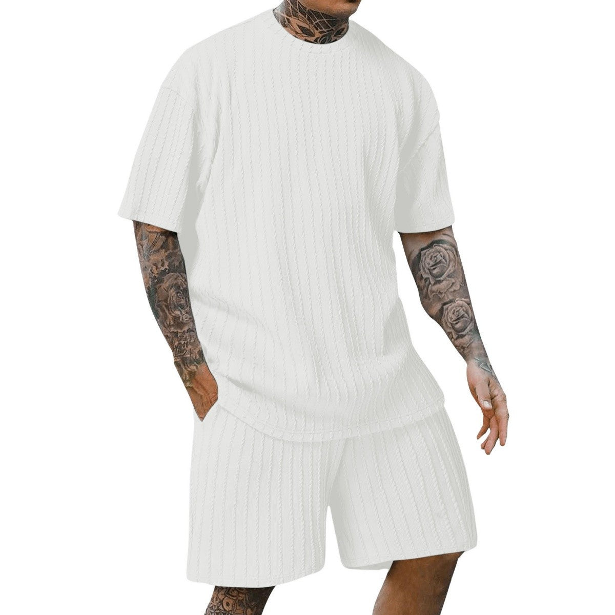 Men's new fashion summer sports solid color crew-neck vertical stripe T-shirt shorts short-sleeved suit Loose two-piece set