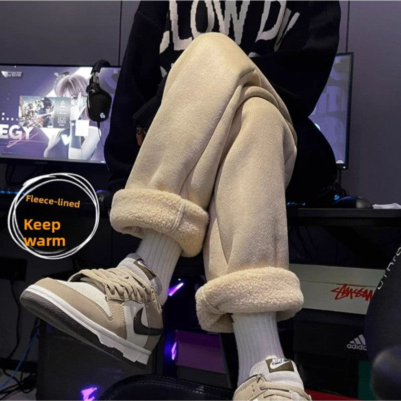 Women's Suede Thickened Straight Leg Pants Korean Style Wide Leg Autumn Winter New Student Fashion Casual Trousers