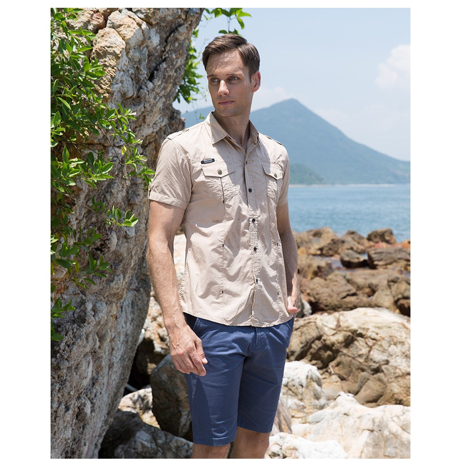 2022 New Arrive Mens Cargo Shirt Men Casual Shirt Solid Short Sleeve Shirts Multi Pocket Work Shirt Plus Size 100% Cotton