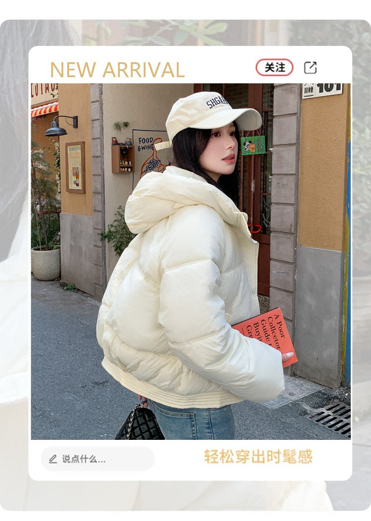 Korean Winter Women Black Beige Hood Zipper Down Jacket Ladies Blue Single Breasted Short Warm Thick Bread Coat Streetwear Trend