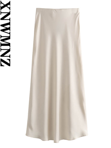 XNWMNZ Women's Fashion 2023 Flowing Satin Midi Skirt Women Vintage Elastic High