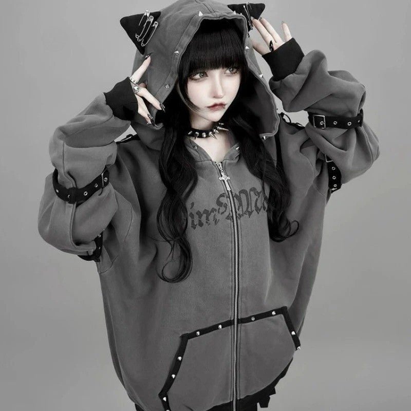 American Vintage Japanese Jacket Hooded Women 2025 Autumn Cotton Coats Outwear Design Subculture Gothic Sweatshirts Harajuku